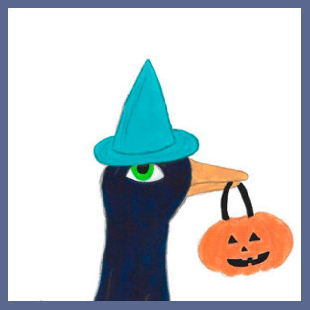 An illustration of a black bird dressed as a witch for Halloween. She's wearing a blue witches hat and black and purple striped tights. In her beak, is a jack o'lantern bucket. She's carrying a broom that a cat is sitting upon.