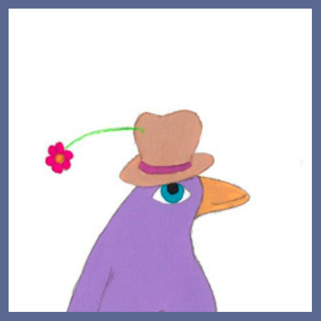 Illustration with a purple bird wearing a beige hat with a flower coming out of it. The bird is walkng with a grey book under it's wing.